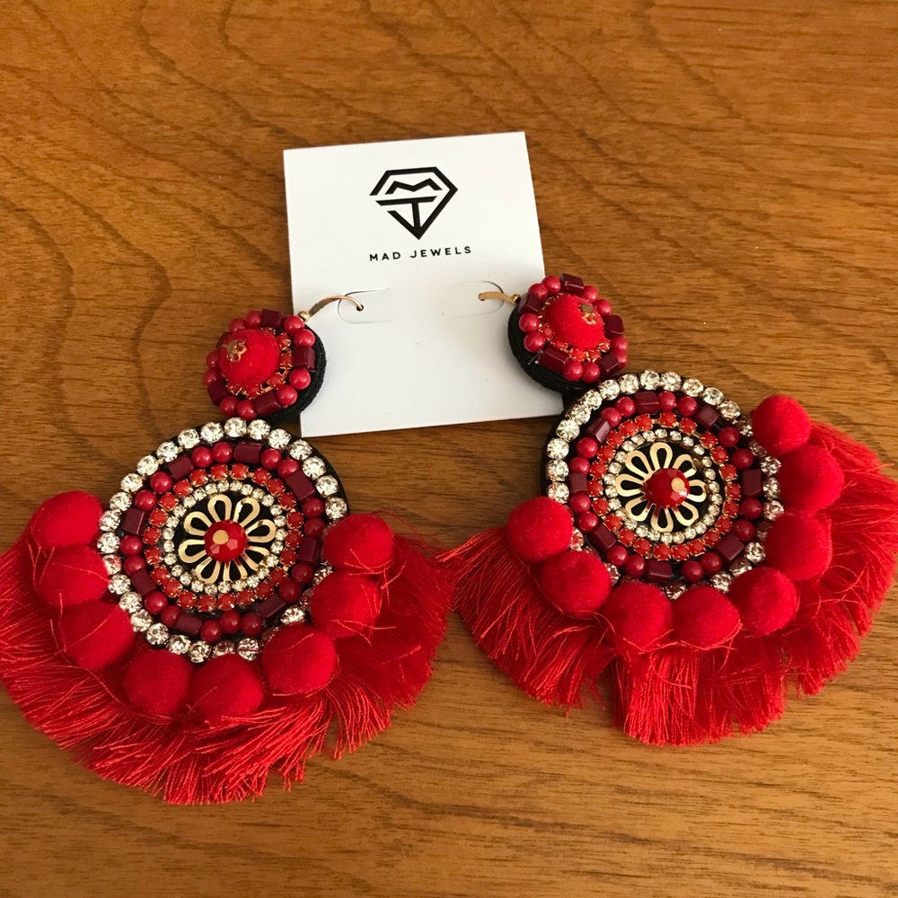 Mad Jewels Red Fringe Bohemian Earrings